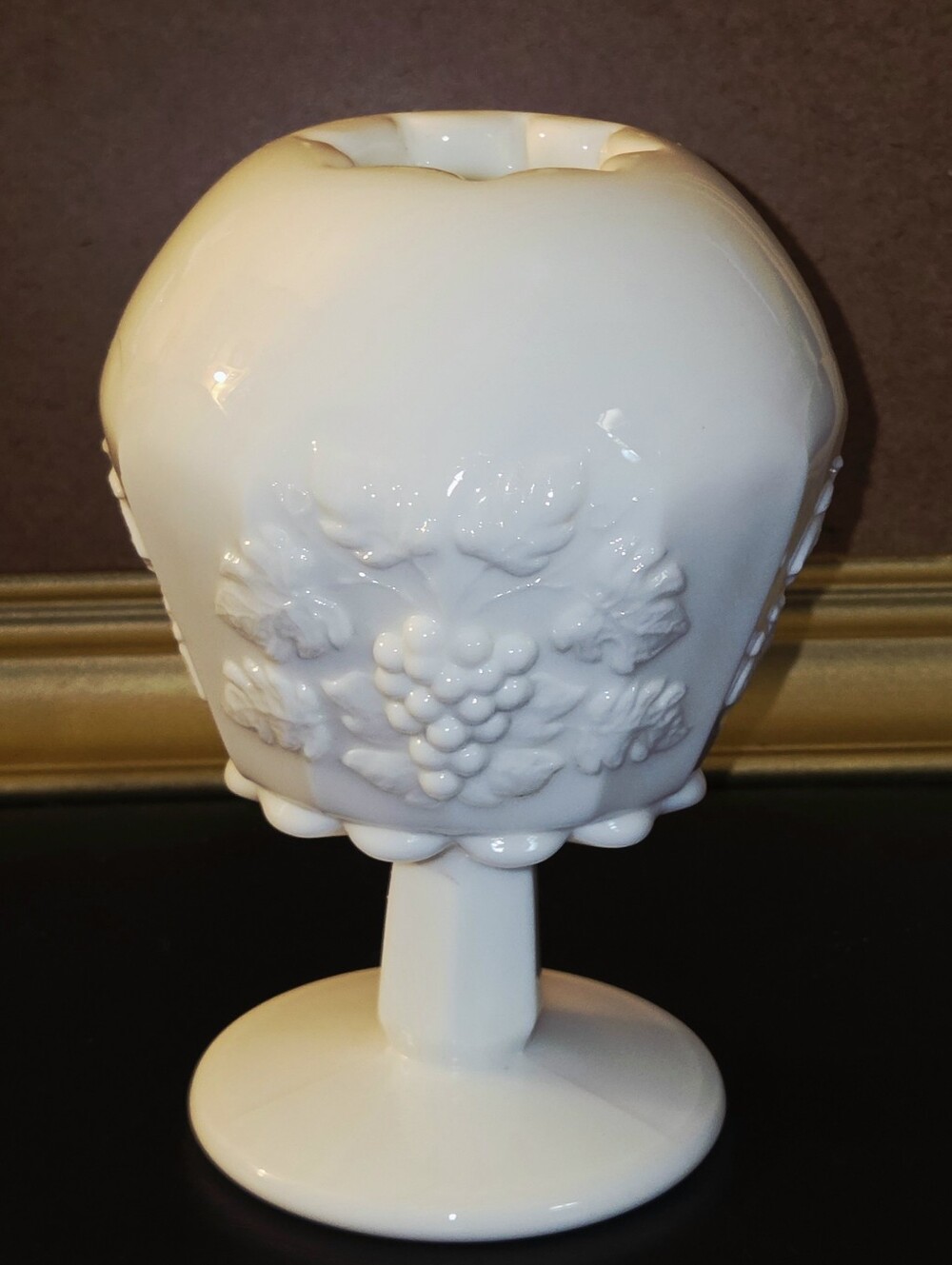 Vintage - 6½" Westmoreland Milk Glass Pedestal Ivy Ball Vase, Paneled Grape